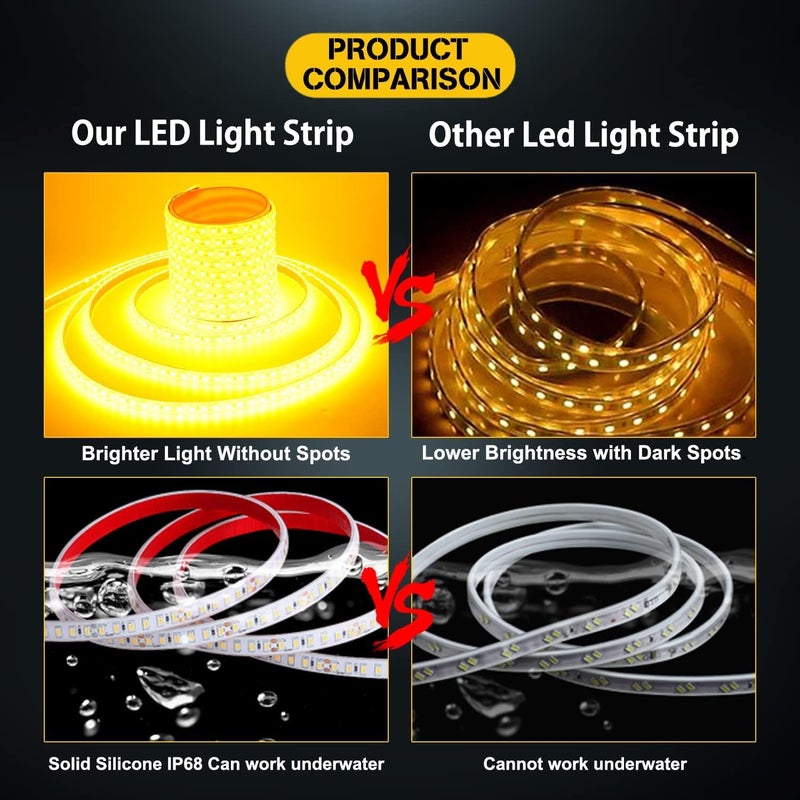 YM EBright YM E-Bright Led Strip Lights Waterproof IP68 Flexible Amber Yellow Strip Lights Exterior Interior 16.4Ft 600SMD for Home Bedroom Party Holiday Neon Decoration Stage Marine Lights (No Power Adapter) - Image 2